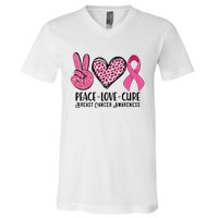 Peace Love Cure Breast Cancer Awareness Warrior Pink Ribbon V-Neck T-Shirt