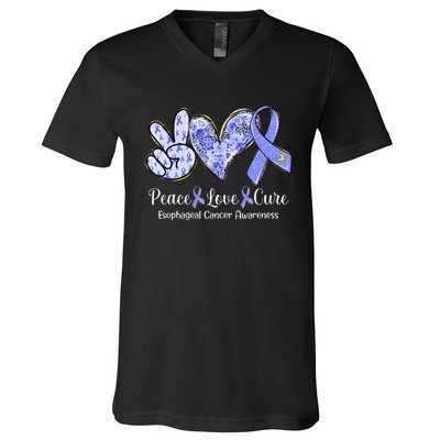 Peace Love Cure Periwinkle Ribbon Esophageal Cancer V-Neck T-Shirt