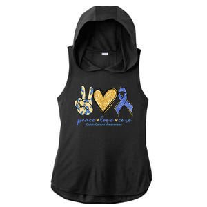 Peace Love Cures Ribbon Colon Cancer Awareness Supporter Ladies PosiCharge Tri-Blend Wicking Draft Hoodie Tank