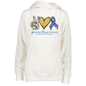 Peace Love Cures Ribbon Colon Cancer Awareness Supporter Womens Funnel Neck Pullover Hood