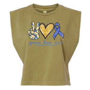 Peace Love Cures Ribbon Colon Cancer Awareness Supporter Garment-Dyed Women's Muscle Tee