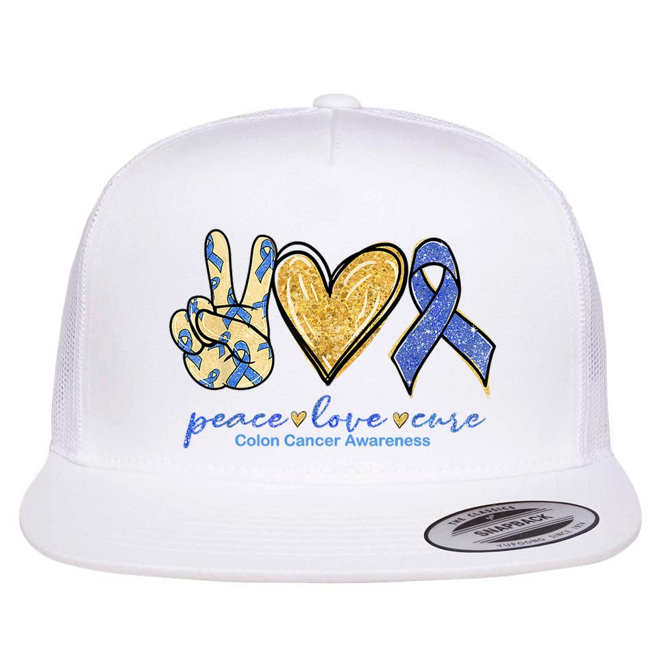 Peace Love Cures Ribbon Colon Cancer Awareness Supporter Flat Bill Trucker Hat
