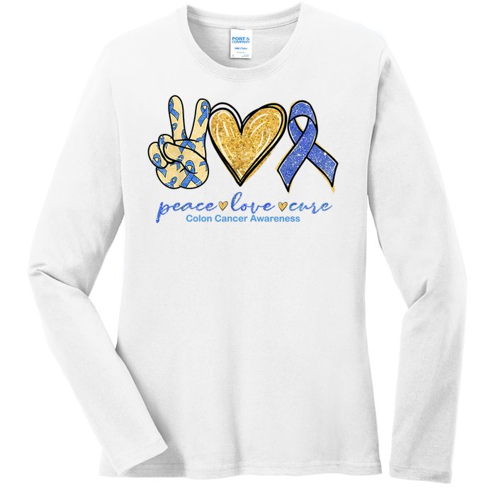 Peace Love Cures Ribbon Colon Cancer Awareness Supporter Ladies Long Sleeve Shirt