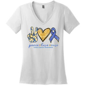 Peace Love Cures Ribbon Colon Cancer Awareness Supporter Women's V-Neck T-Shirt