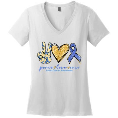 Peace Love Cures Ribbon Colon Cancer Awareness Supporter Women's V-Neck T-Shirt