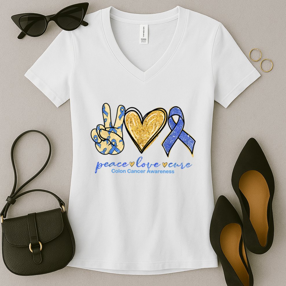 Peace Love Cures Ribbon Colon Cancer Awareness Supporter Women's V-Neck T-Shirt