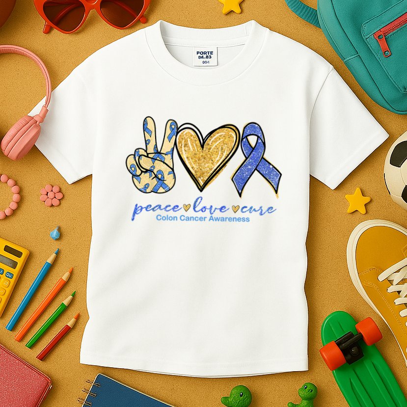 Peace Love Cures Ribbon Colon Cancer Awareness Supporter Kids T-Shirt