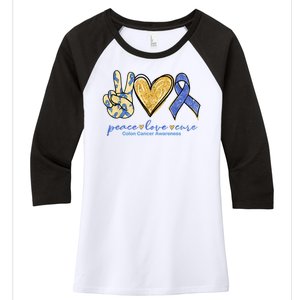 Peace Love Cures Ribbon Colon Cancer Awareness Supporter Women's Tri-Blend 3/4-Sleeve Raglan Shirt