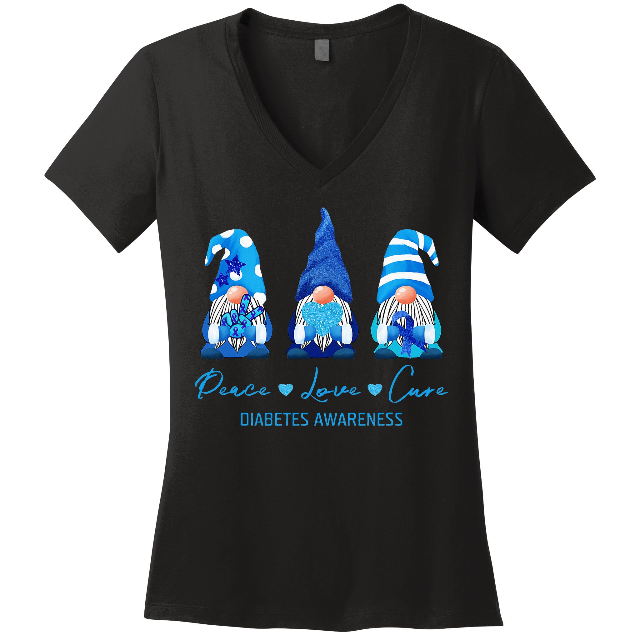 Peace Love Cure Gnome Diabetes Awareness Survivors Gifts Women's V-Neck T-Shirt