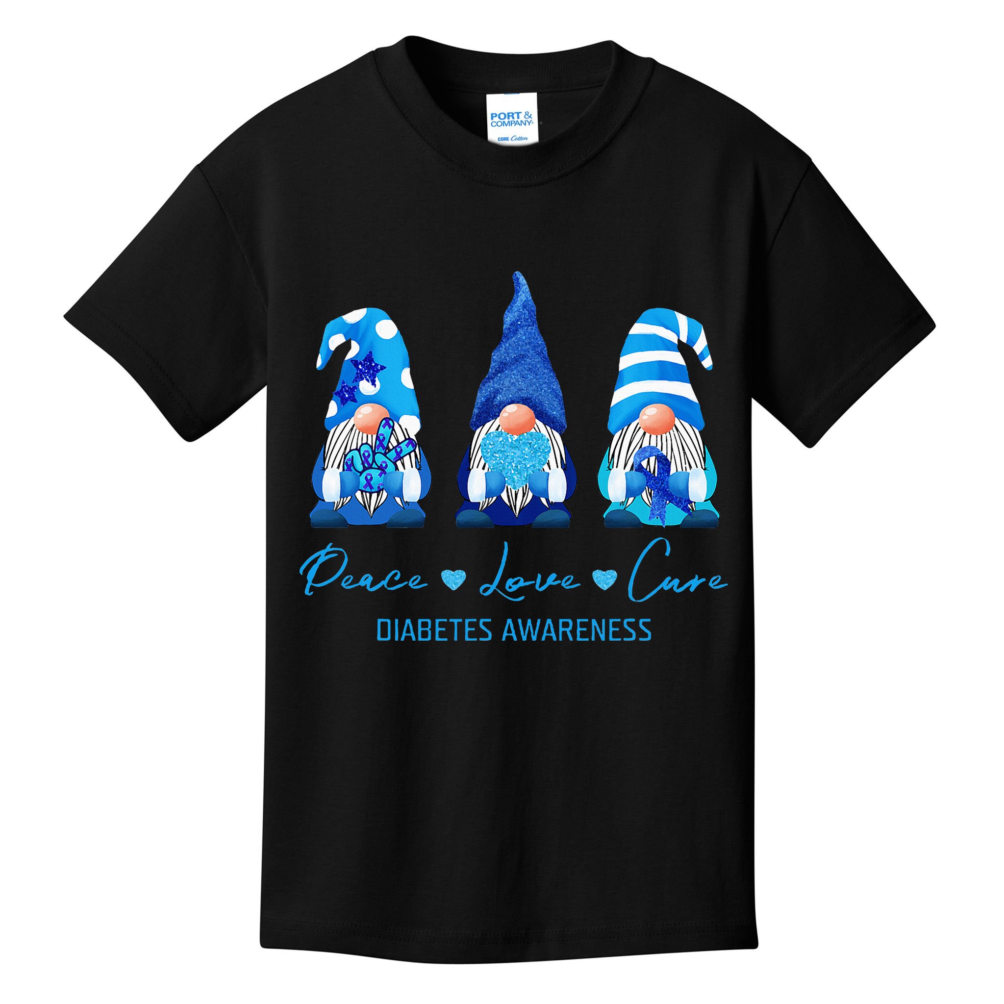 Peace Love Cure Gnome Diabetes Awareness Survivors Gifts Kids T-Shirt