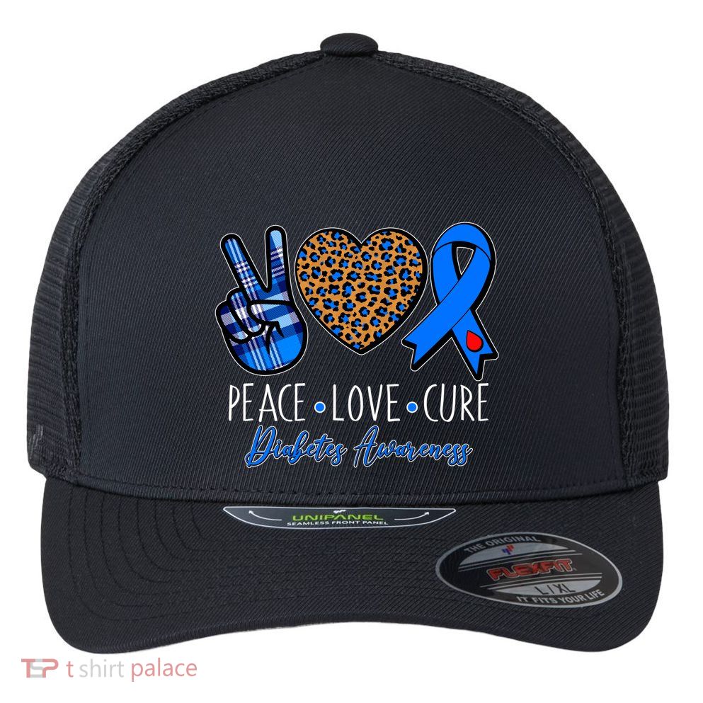 Peace Love Cure Diabetes Awareness Flexfit Unipanel Trucker Cap