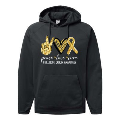 Peace Love Cure Childhood Cancer Awareness Gold Ribbon Performance Fleece Hoodie