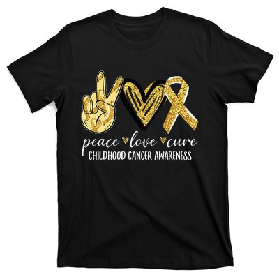 Peace Love Cure Childhood Cancer Awareness Gold Ribbon T-Shirt