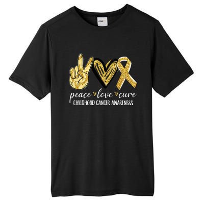 Peace Love Cure Childhood Cancer Awareness Gold Ribbon Tall Fusion ChromaSoft Performance T-Shirt