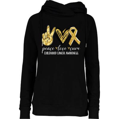 Peace Love Cure Childhood Cancer Awareness Gold Ribbon Womens Funnel Neck Pullover Hood