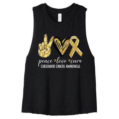 Peace Love Cure Childhood Cancer Awareness Gold Ribbon Women's Racerback Cropped Tank