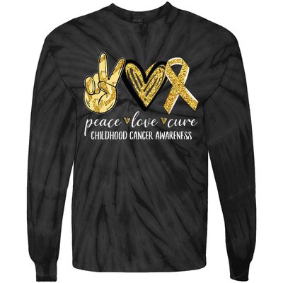 Peace Love Cure Childhood Cancer Awareness Gold Ribbon Tie-Dye Long Sleeve Shirt