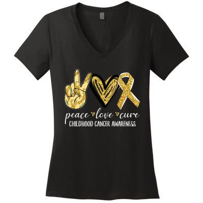 Peace Love Cure Childhood Cancer Awareness Gold Ribbon Women's V-Neck T-Shirt