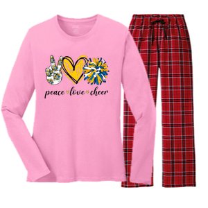 Peace Love Cheerleading Blue Yellow Women's Long Sleeve Flannel Pajama Set 