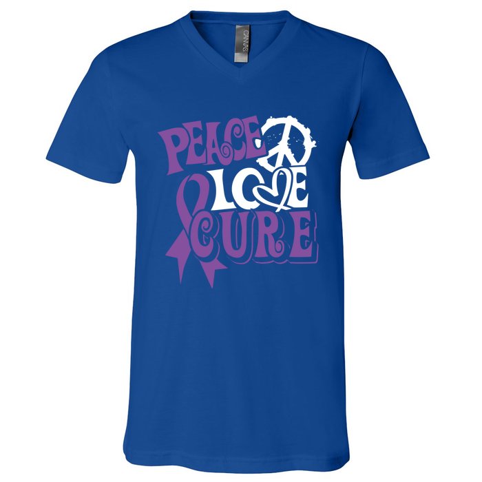 Peace Love Cure Pancreas Cancer Awareness Ribbon Funny Gift V-Neck T-Shirt