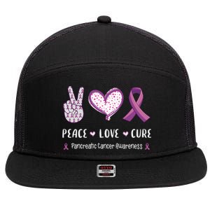 Peace Love Cure Pancreatic Cancer Awareness Gift 7 Panel Mesh Trucker Snapback Hat