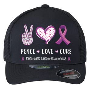 Peace Love Cure Pancreatic Cancer Awareness Gift Flexfit Unipanel Trucker Cap