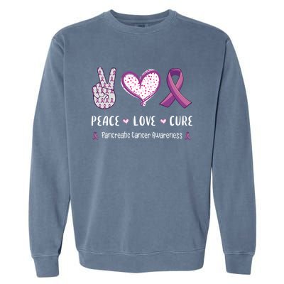 Peace Love Cure Pancreatic Cancer Awareness Gift Garment-Dyed Sweatshirt