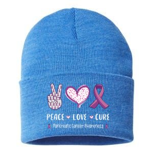 Peace Love Cure Pancreatic Cancer Awareness Gift Sustainable Knit Beanie