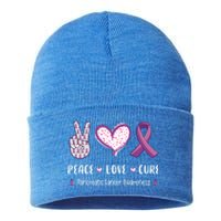 Peace Love Cure Pancreatic Cancer Awareness Gift Sustainable Knit Beanie