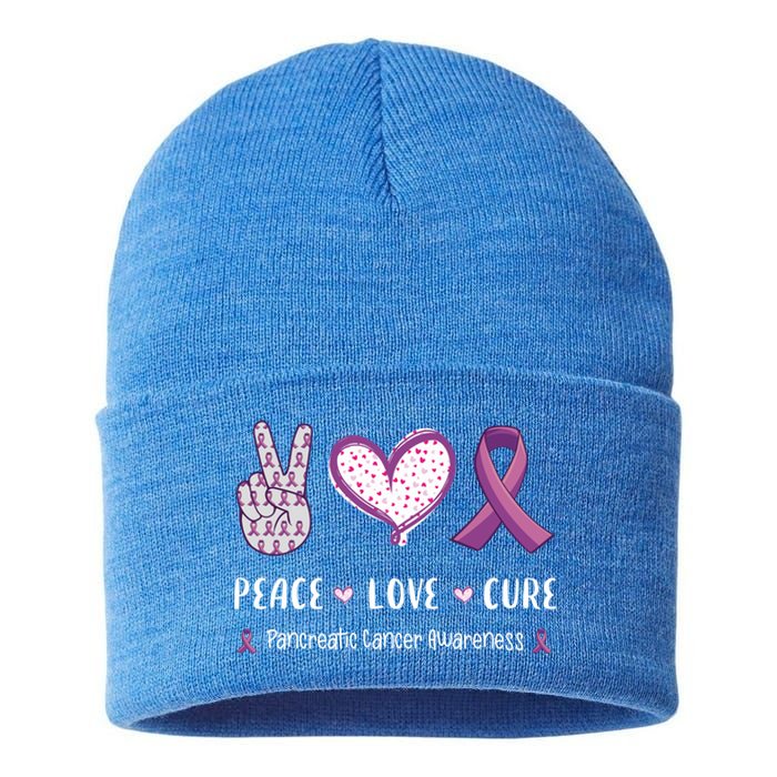 Peace Love Cure Pancreatic Cancer Awareness Gift Sustainable Knit Beanie