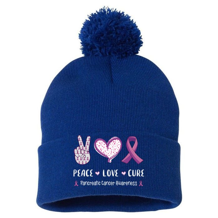 Peace Love Cure Pancreatic Cancer Awareness Gift Pom Pom 12in Knit Beanie