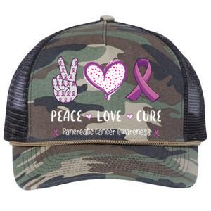 Peace Love Cure Pancreatic Cancer Awareness Gift Retro Rope Trucker Hat Cap