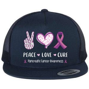 Peace Love Cure Pancreatic Cancer Awareness Gift Flat Bill Trucker Hat