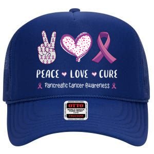 Peace Love Cure Pancreatic Cancer Awareness Gift High Crown Mesh Back Trucker Hat