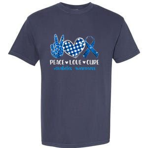 Peace Love Cure Grey Blue Ribbon Diabetes Awareness Garment-Dyed Heavyweight T-Shirt