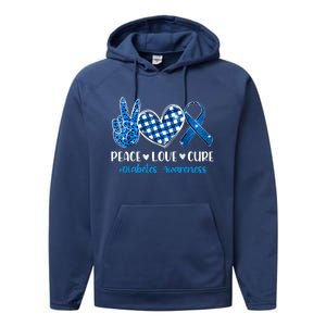 Peace Love Cure Grey Blue Ribbon Diabetes Awareness Performance Fleece Hoodie