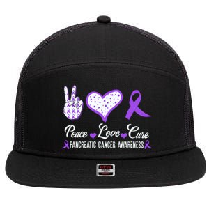 Peace Love Cure Pancreatic Cancer Awareness Pink Ribbon Cool Gift 7 Panel Mesh Trucker Snapback Hat