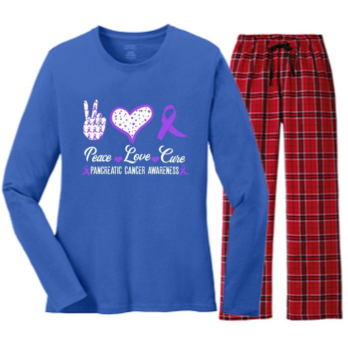 Peace Love Cure Pancreatic Cancer Awareness Pink Ribbon Cool Gift Women's Long Sleeve Flannel Pajama Set 