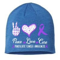 Peace Love Cure Pancreatic Cancer Awareness Pink Ribbon Cool Gift Sustainable Beanie