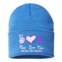 Peace Love Cure Pancreatic Cancer Awareness Pink Ribbon Cool Gift Sustainable Knit Beanie