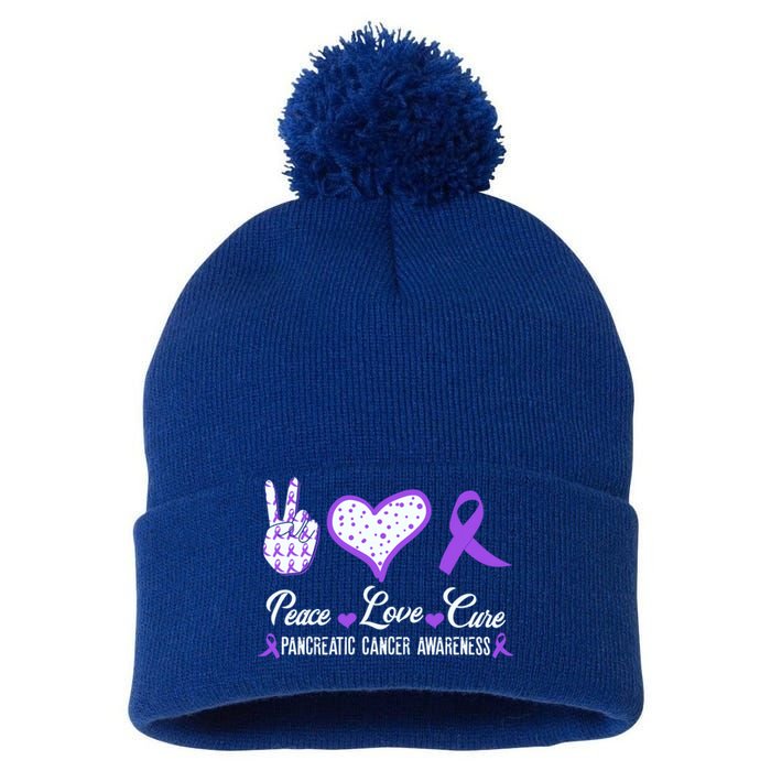 Peace Love Cure Pancreatic Cancer Awareness Pink Ribbon Cool Gift Pom Pom 12in Knit Beanie