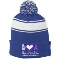 Peace Love Cure Pancreatic Cancer Awareness Pink Ribbon Cool Gift Stripe Pom Pom Beanie