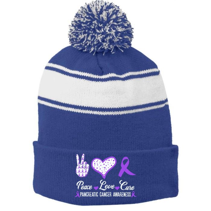 Peace Love Cure Pancreatic Cancer Awareness Pink Ribbon Cool Gift Stripe Pom Pom Beanie