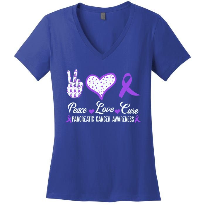 Peace Love Cure Pancreatic Cancer Awareness Pink Ribbon Cool Gift Women's V-Neck T-Shirt