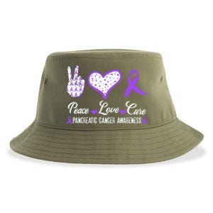 Peace Love Cure Pancreatic Cancer Awareness Pink Ribbon Cool Gift Sustainable Bucket Hat