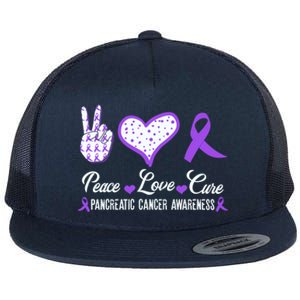 Peace Love Cure Pancreatic Cancer Awareness Pink Ribbon Cool Gift Flat Bill Trucker Hat