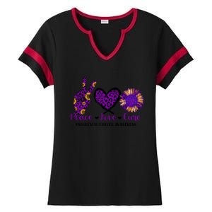 Peace Love Cure Pancreatic Cancer Awareness Purple Graphic Meaningful Gift Ladies Halftime Notch Neck Tee