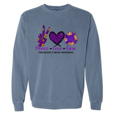 Peace Love Cure Pancreatic Cancer Awareness Purple Graphic Meaningful Gift Garment-Dyed Sweatshirt