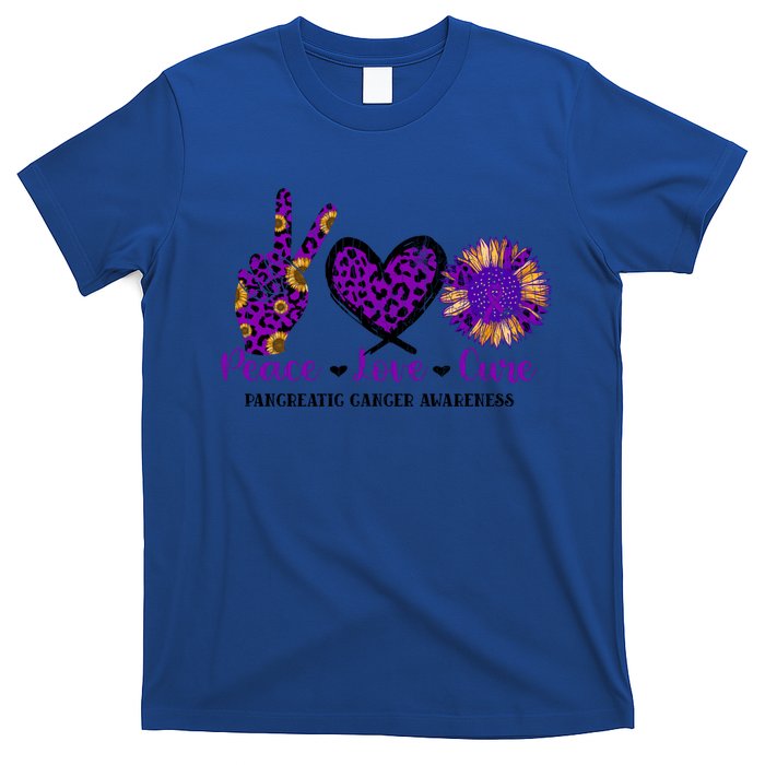 Peace Love Cure Pancreatic Cancer Awareness Purple Graphic Meaningful Gift T-Shirt