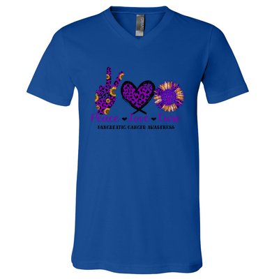 Peace Love Cure Pancreatic Cancer Awareness Purple Graphic Meaningful Gift V-Neck T-Shirt